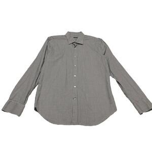 Saks Fifth Avenue Men Shirt 16 1/2 Gray Houndstooth Print Long Sleeve Button Up